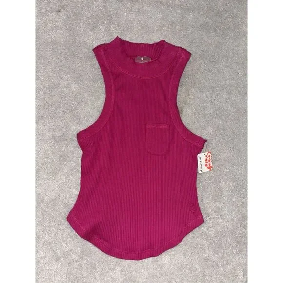 Free People Movement Magenta Pink Ribbed High Neck Tank Top Small NWT - Picture 1 of 7
